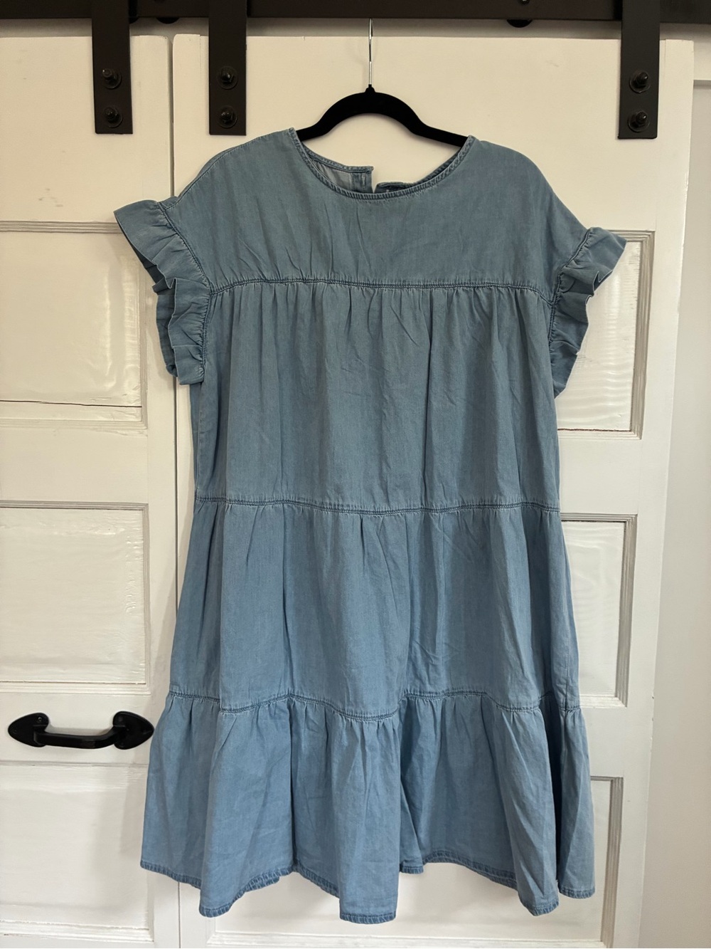 Short Tiered Jean Dress with Ruffle Sleeves